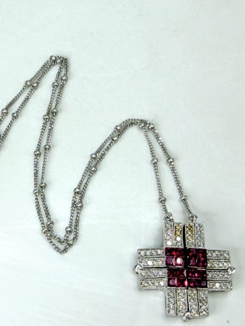 Italian 14K White Gold Ruby Diamond Expandable Cross Necklace 22.4g 17" JR2000